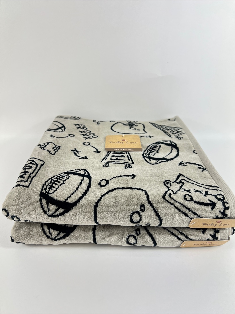 Truly Lou Bath Towels Fun Football Design Black Tan Soft Velour Cotton 2 Pc NEW